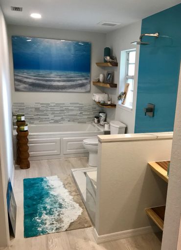 Custom live edge slab wood floating shelves in bathroom for display and storage