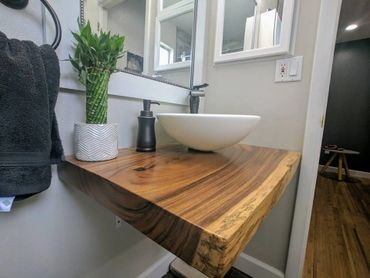 Custom live edge slab wood modern floating bath vanity