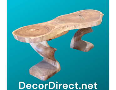 Live edge slab wood bar table in figure 8 shape mounted on wood twisted column legs