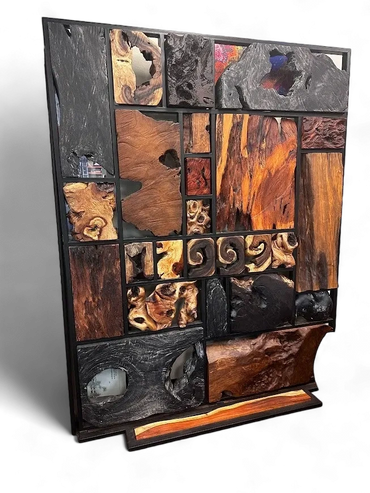 Room divider hand crafted of unique pieces of live edge slab wood multi color in iron frame & stand