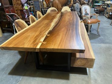 Live edge slab wood table river design butterfly / railroad track joinery, beam bench & slab chairs