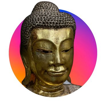 Buddha head crafted from wood with Gold leaf finish on bright circle