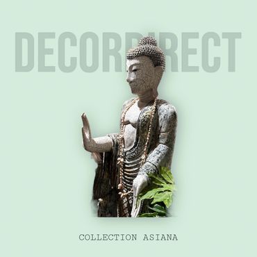 Buddha statue head crafted from wood with soft green antique patina finish