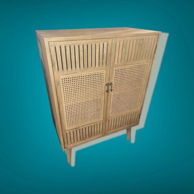 Modern coastal accent cabinet with caned inserts and mid century modern taper legs