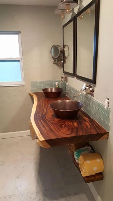Custom Live Edge Slab double bath vanity for modern bathroom with floating shelves for towel storage
