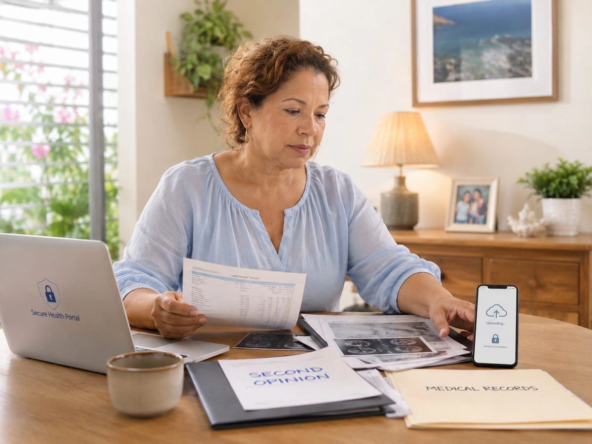 Mujer revisando documento médico y subiendo info a su teléfono para solicitar una segunda opinión MD