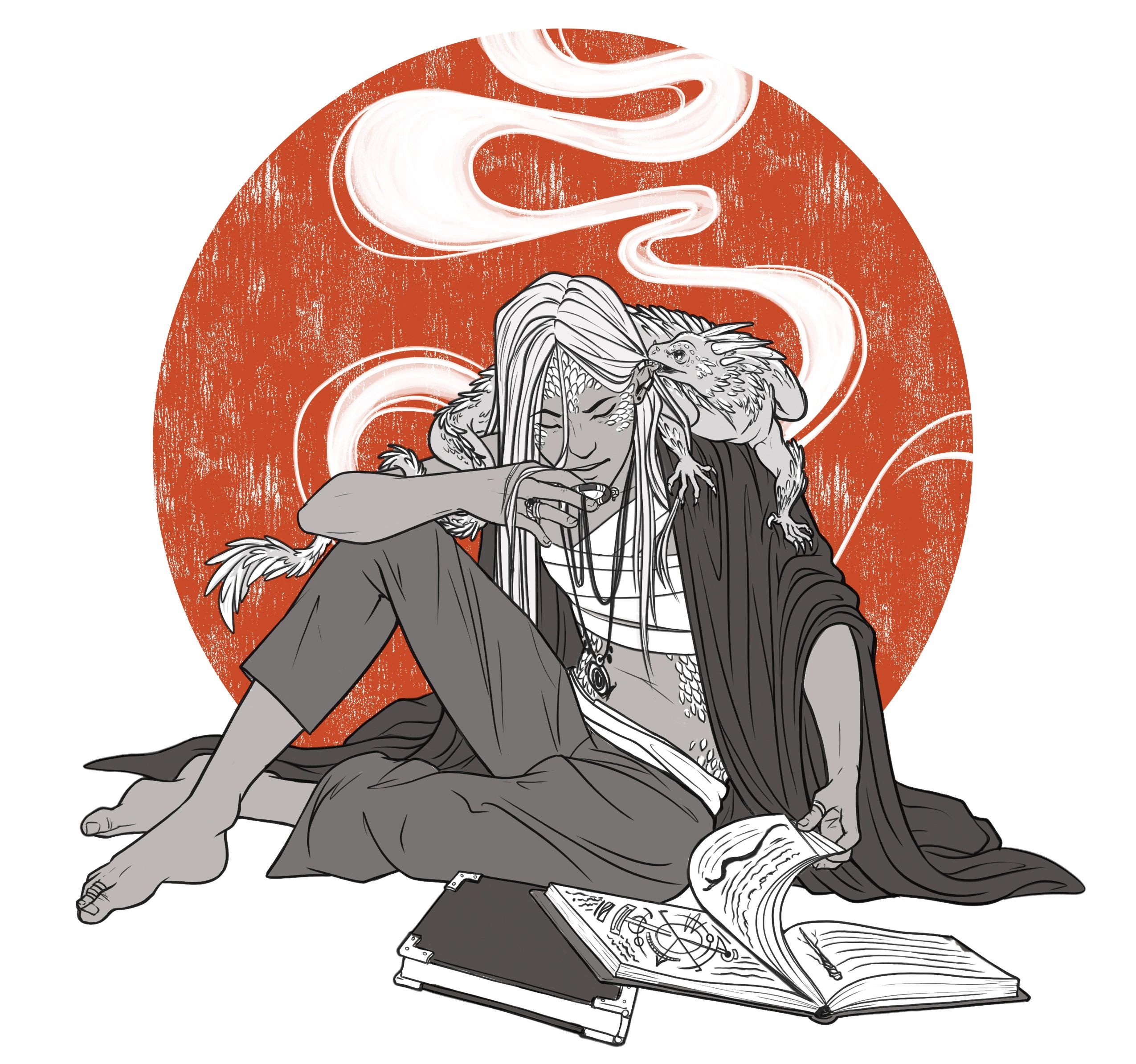 A mystical figure with a lizard companion studies ancient magic in front of a glowing red circle.