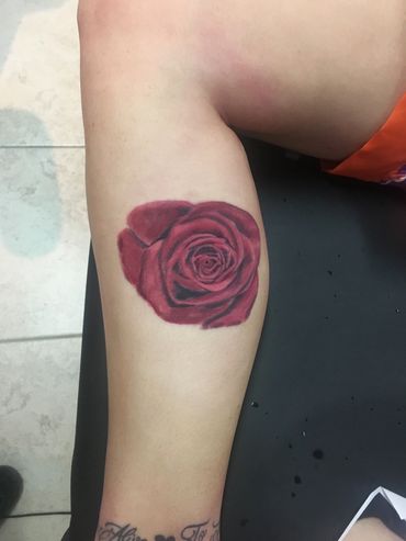A detailed red rose tattoo on a leg.