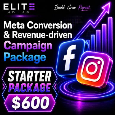 Meta conversion and revenue-driven campaign starter package for $600 with Facebook and Instagram icons.