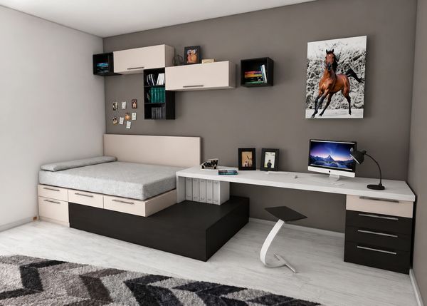 Minimalist bedroom-office with modern touches