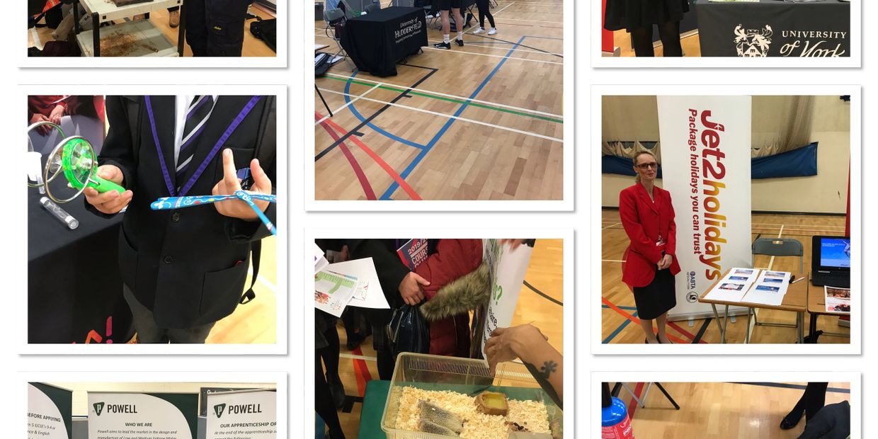 Collage of photos of visitors to a careers convention