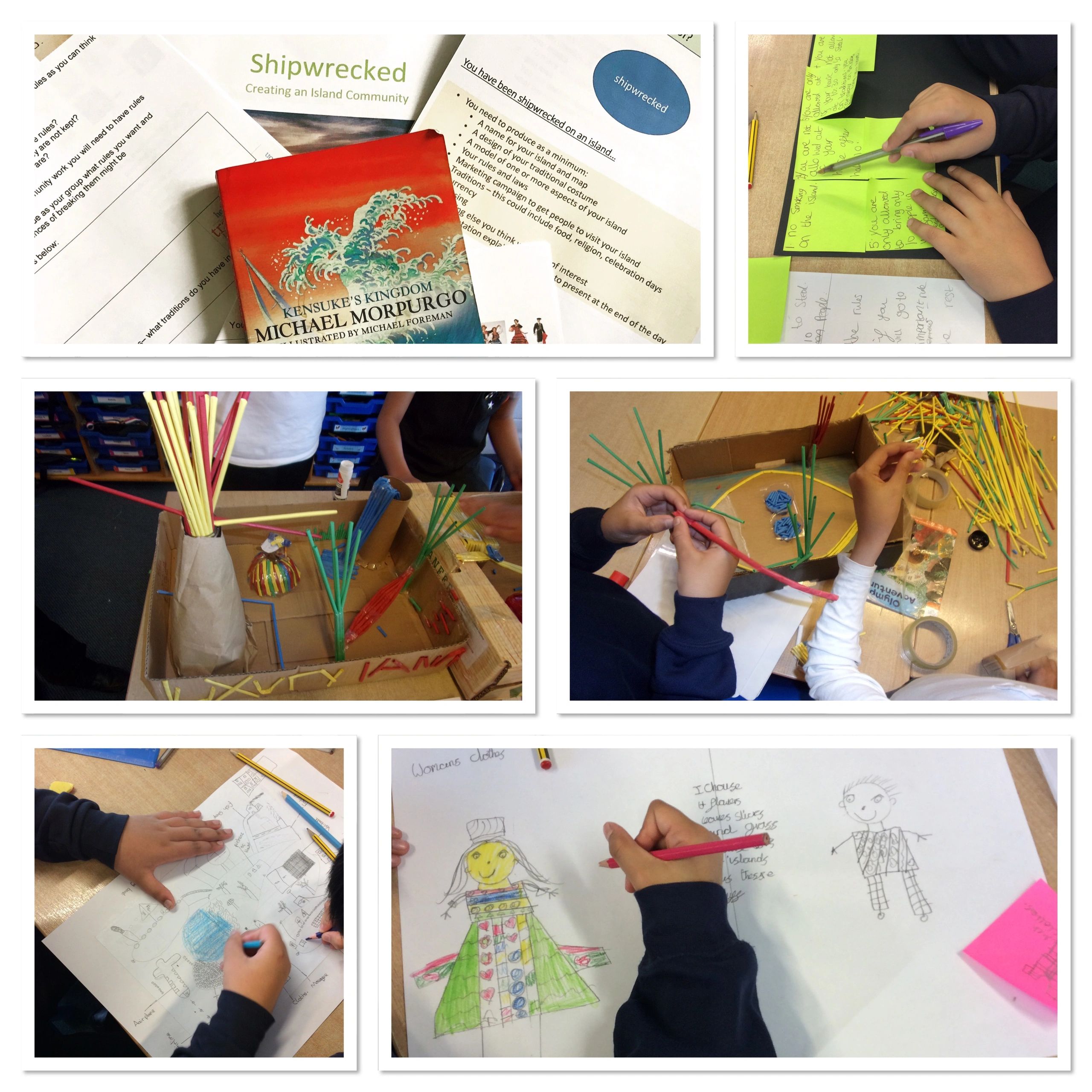 Collage from 'Design an Island Community' including building the island and designing costume