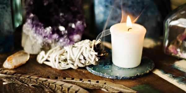 Amethyst, sage, and vanilla candle