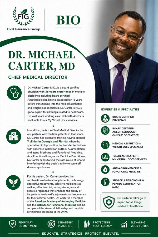 Professional bio of Dr. Michael Carter, Chief Medical Director at Ford Insurance Group.