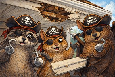 Three pirate animals with hooks and eyepatches in a broken house.