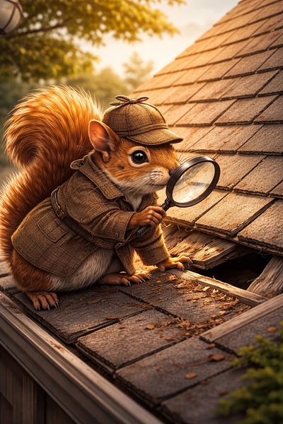 A squirrel dressed as a detective examines roof shingles with a magnifying glass.
