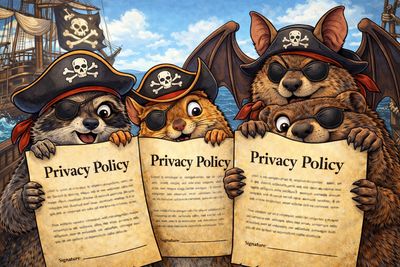 Pirate animals holding privacy policy documents with playful expressions.