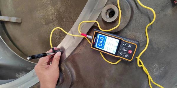 Person using a digital thickness gauge on a metal surface.