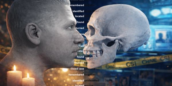A man faces a skull with crime scene tape in the background.