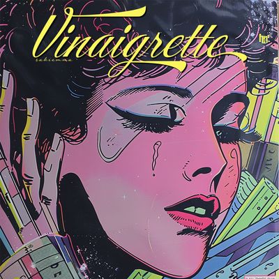 A colorful pop art-style illustration featuring the expressive face of a woman with bold, defined fe