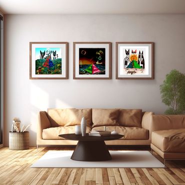 Triptych Artworks "Pyramids" by sakiemma, in a living-room.