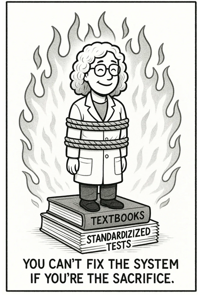 A teacher tied to textbooks and tests, surrounded by fire, symbolizing sacrifice in education.