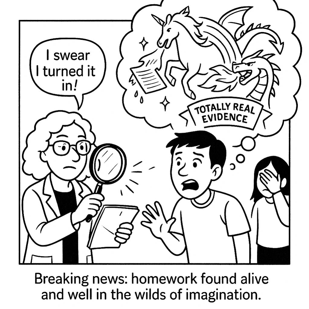 Comic about how homework was turned in but is in the student imagination...