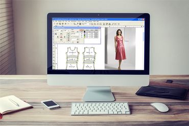 Computer screen showing fashion design software with dress sketches and photo.
