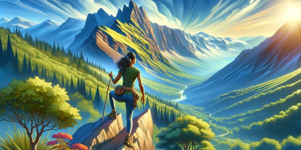 A woman hiking and admiring a vibrant mountainous sunrise landscape.