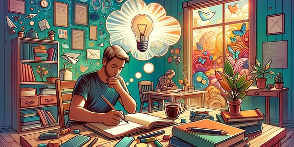Two people writing, inspired by a bright light bulb and colorful imagination outside.