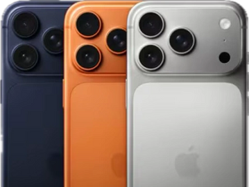 Three iPhones in navy blue, orange, and silver colors showing the triple camera setup.
