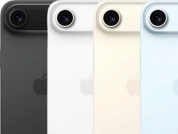 Close-up of four iPhones in different colors showing their cameras and backs.