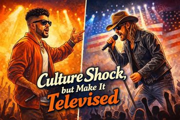Two musicians perform passionately on stage with vibrant lighting and a crowd.