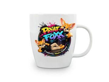 White mug with colorful "Print Foxx" logo and two cartoon fox characters.