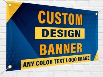 Custom design banner with bold yellow and black text on a blue background.