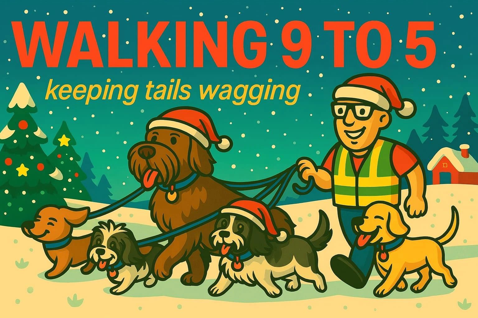 A cheerful dog walker with five dogs wearing Santa hats in a snowy landscape.