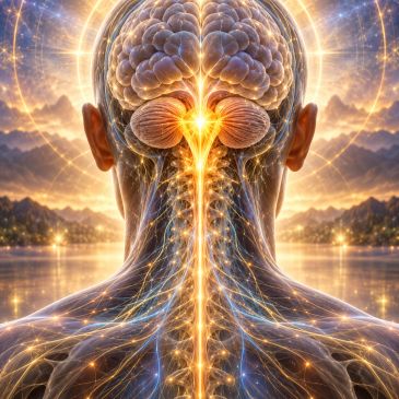 Glowing depiction of human brain and nervous system from behind.
