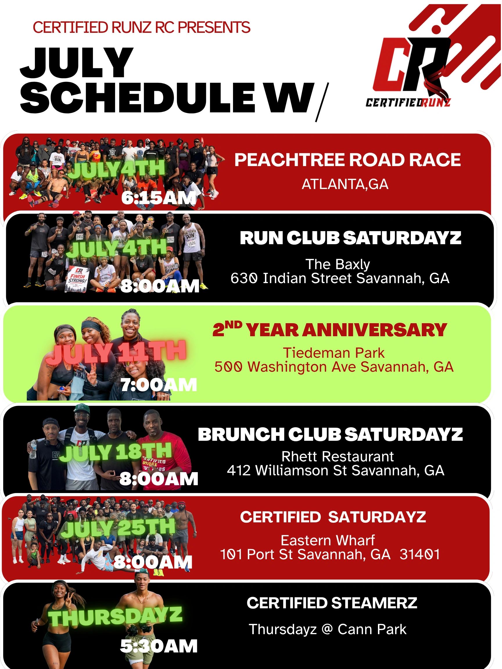 July schedule of Certified Runz running events.
