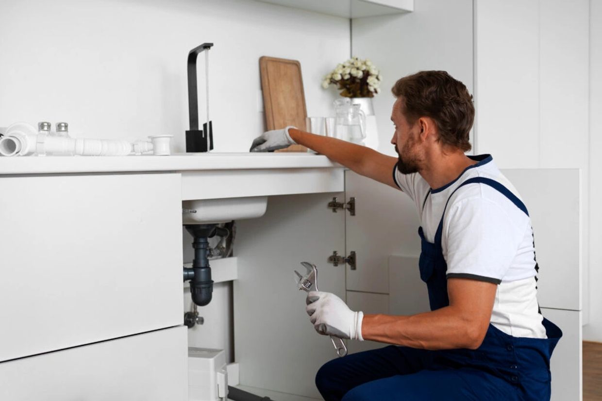 A plumber fixing pipes under a kitchen sink with a wrench.