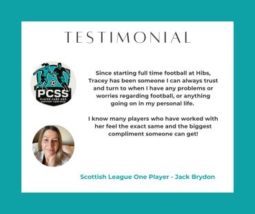 Testimonial praising Tracey's support for football players' personal and professional challenges.