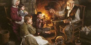 painting of family in front of fire sharing stories