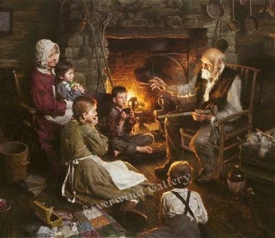 painting of family being told story in front of fire