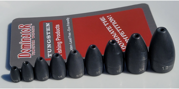 Set of tungsten fishing weights in various sizes.