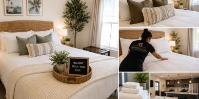 Cozy, clean, modern bedroom and living space with welcoming touches.
