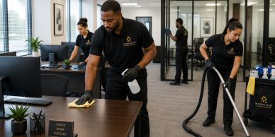 Professional cleaning team working in an office.