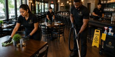 Cleaning staff tidying a restaurant interior.