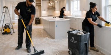 Cleaning crew tidying a dusty kitchen under renovation.