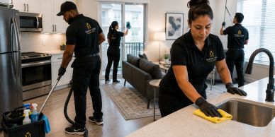 Professional cleaning team working in a modern apartment.