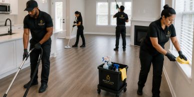 Four professional cleaners working in a modern home.