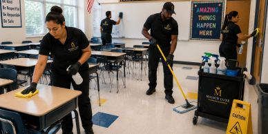 Janitorial team cleaning a classroom thoroughly.